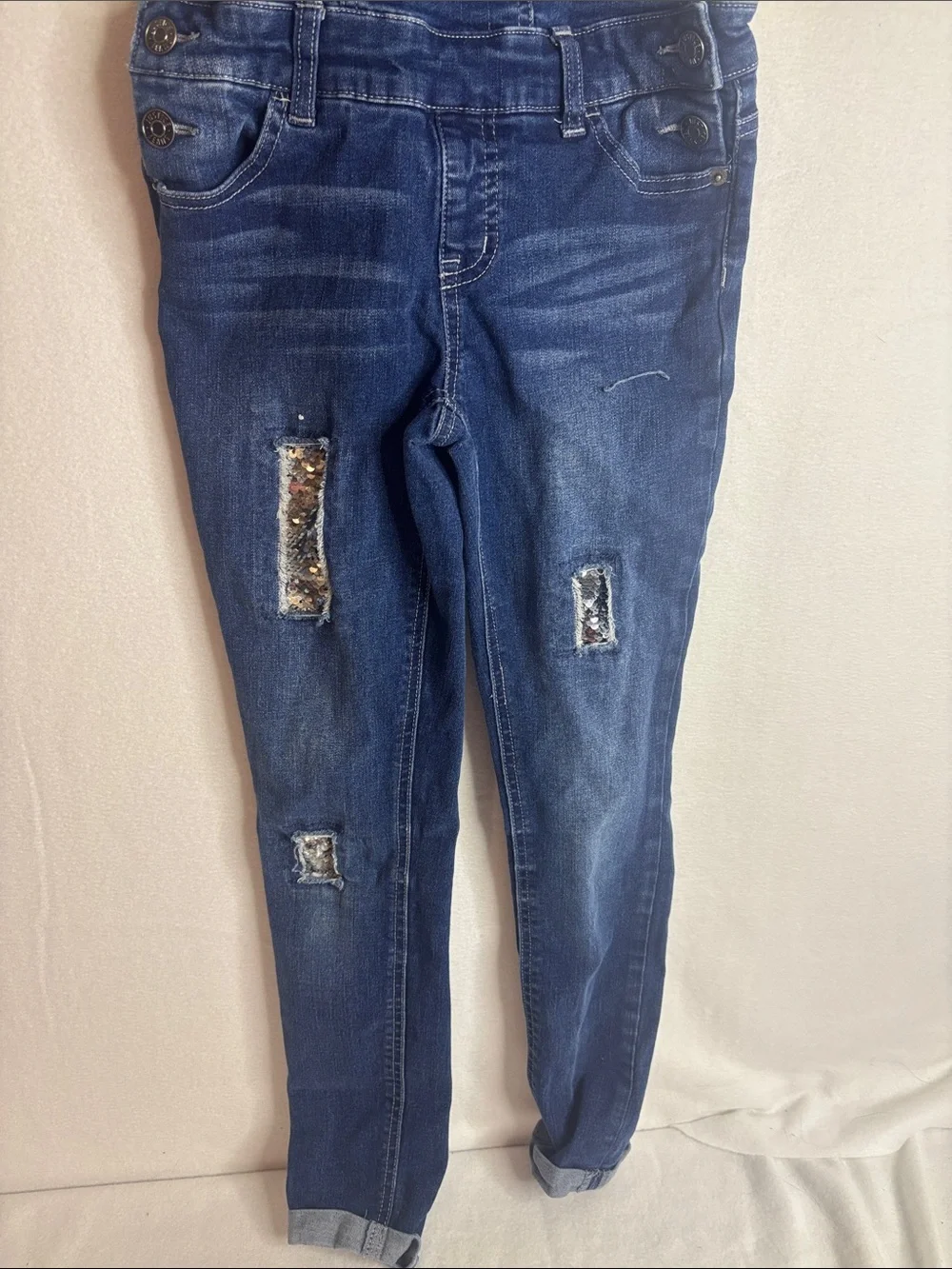 Justice Dark Blue Denim Overalls with Distressed Accents